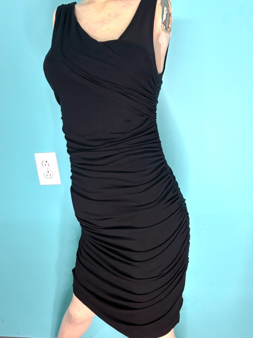 Vtg Y2K EXPRESS "Little Black Dress" Stretch Sexy Asymmetric Ruched Tank Party~S - Picture 8 of 9